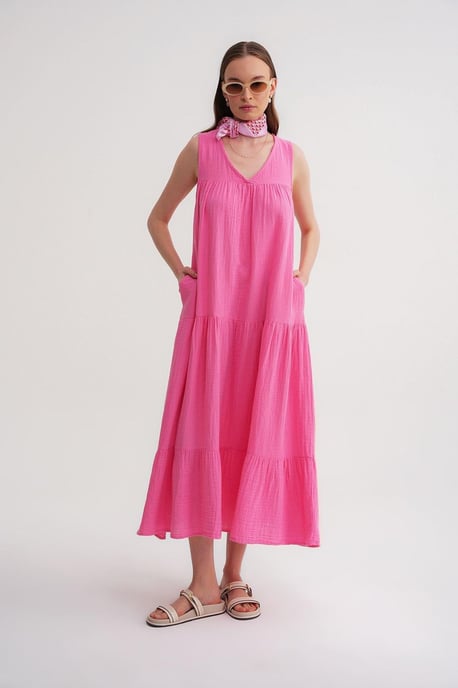 Mouwloze V-hals Muslin Midi-jurk met zakken - Image 2