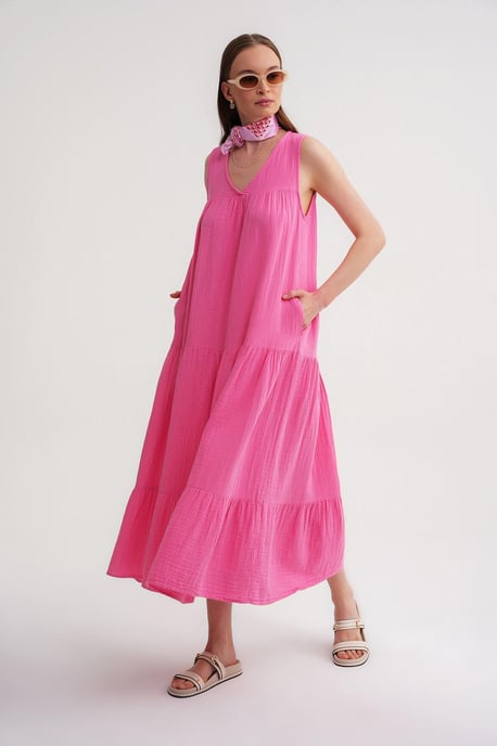 Mouwloze V-hals Muslin Midi-jurk met zakken - Image 3