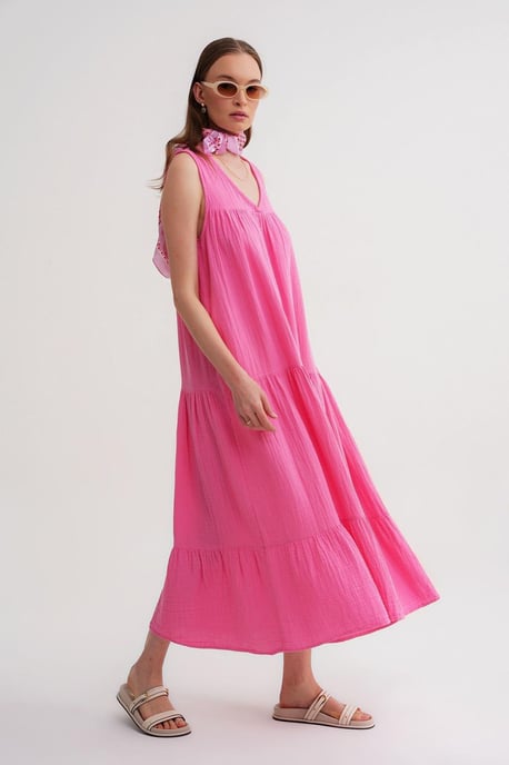 Mouwloze V-hals Muslin Midi-jurk met zakken - Image 5