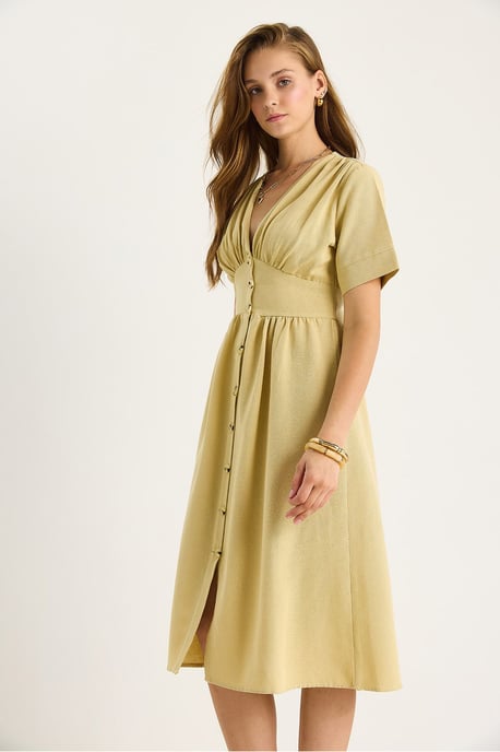 V-hals Knop Midi Shirt Jurk - Image 4