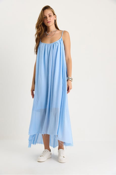 Effen Spaghetti Band Muslin Midi-jurk met Doorzichtig Zoom - Image 2