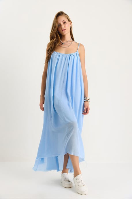 Effen Spaghetti Band Muslin Midi-jurk met Doorzichtig Zoom - Image 5