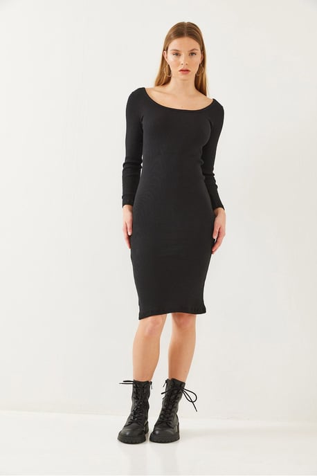 Textured Geribde Midi-jurk met Vierkante Kraag - Image 2