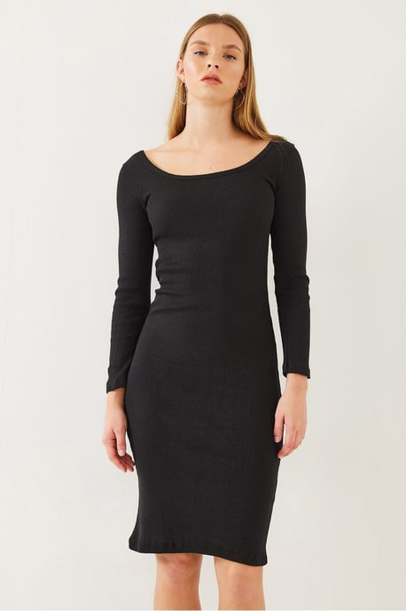 Textured Geribde Midi-jurk met Vierkante Kraag - Image 3