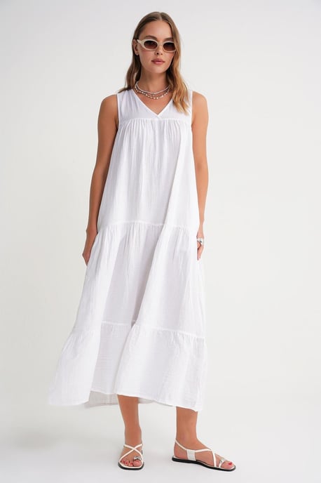 Mouwloze V-hals Muslin Midi-jurk met Zakken - Image 1