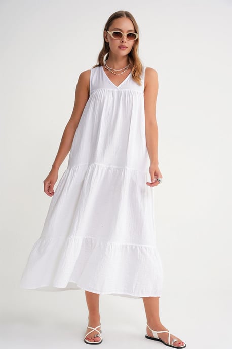 Mouwloze V-hals Muslin Midi-jurk met Zakken - Image 2