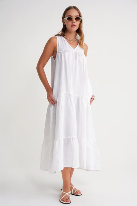 Mouwloze V-hals Muslin Midi-jurk met Zakken - Image 3