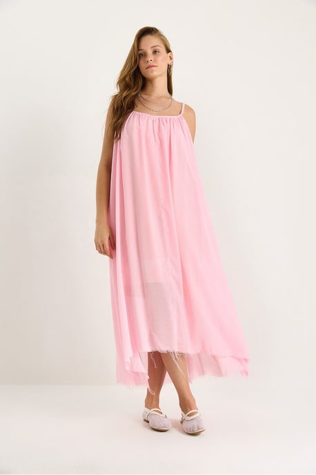 Effen Spaghetti Draagband Muslin Midi Jurk met Transparante Zoom - Image 2