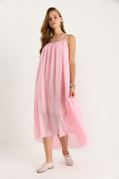 Effen Spaghetti Draagband Muslin Midi Jurk met Transparante Zoom - Image 3