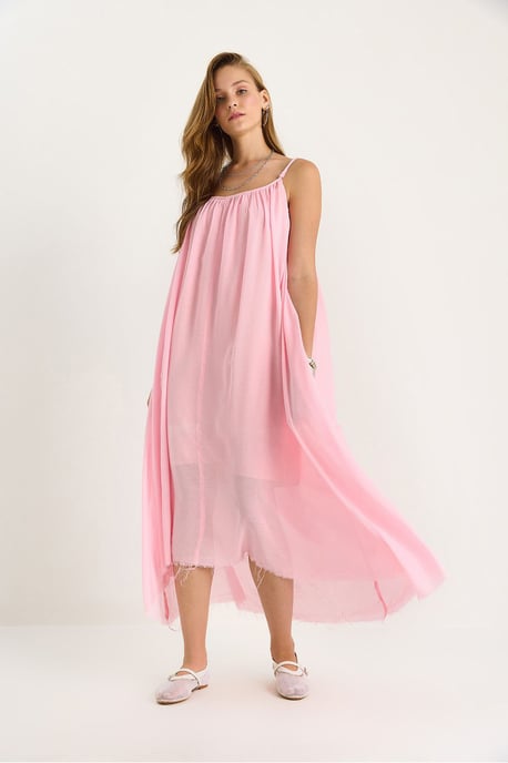 Effen Spaghetti Draagband Muslin Midi Jurk met Transparante Zoom - Image 4