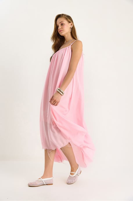 Effen Spaghetti Draagband Muslin Midi Jurk met Transparante Zoom - Image 5