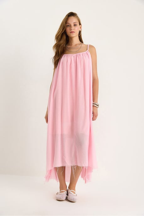 Effen Spaghetti Draagband Muslin Midi Jurk met Transparante Zoom - Image 6