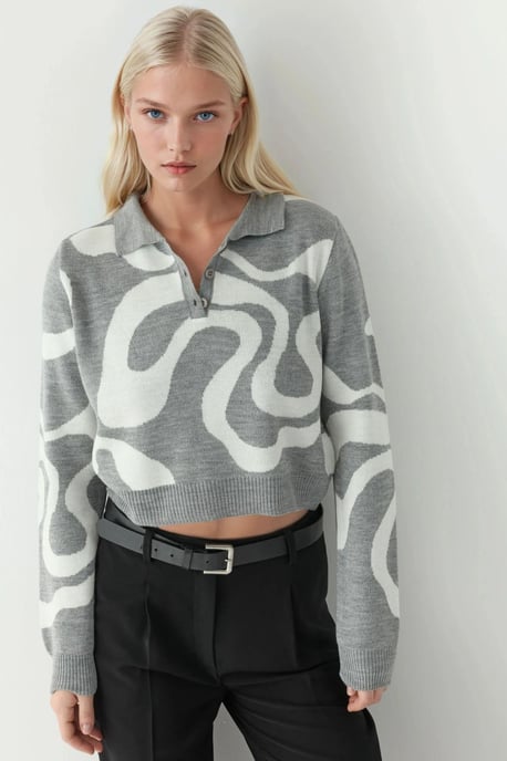 Polo Kraag Jacquard Gebreid Trui - Image 1