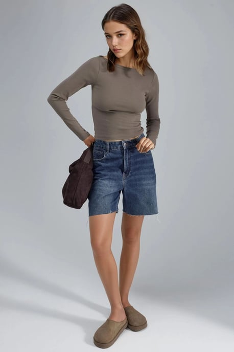 Slim Fit Geribbelde Bootneck Blouse - Image 4