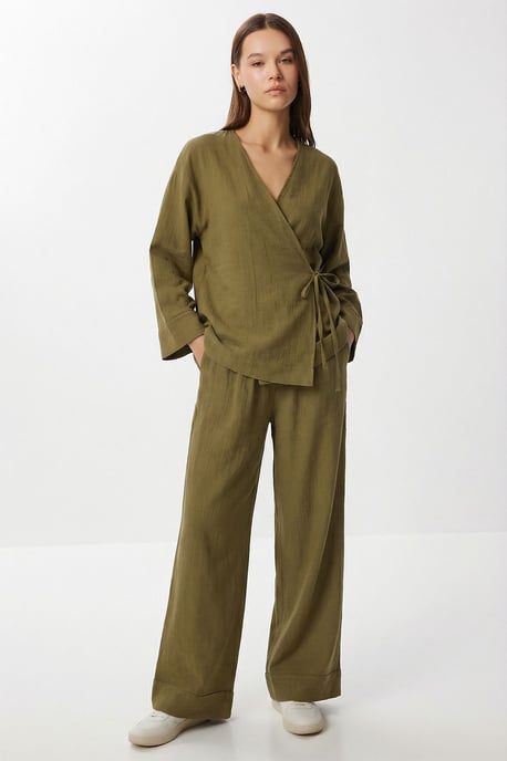 Hoge Taille Wijde Broek & V-Hals Blouse met Strikdetail Set - Image 2