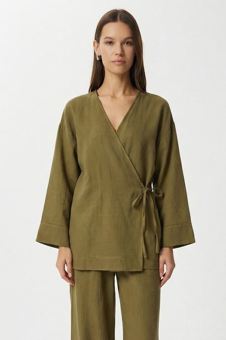 Hoge Taille Wijde Broek & V-Hals Blouse met Strikdetail Set - Image 3