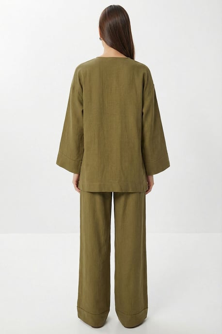Hoge Taille Wijde Broek & V-Hals Blouse met Strikdetail Set - Image 4