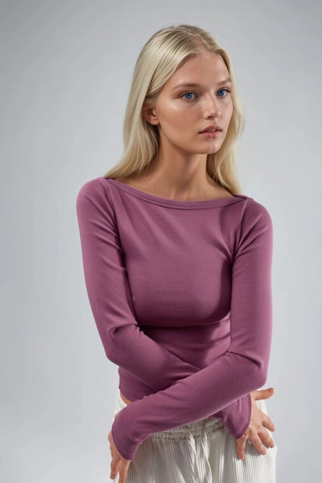 Slim Fit Geribbelde Boot Hals Blouse - Image 2