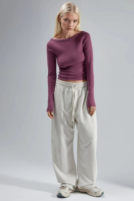 Slim Fit Geribbelde Boot Hals Blouse - Image 4