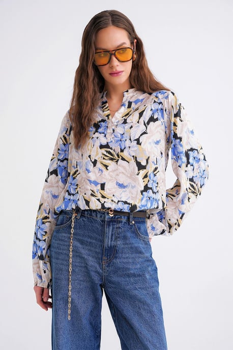 Bloemdruk Lange Mouw Mandarin Kraag Blouse - Image 3