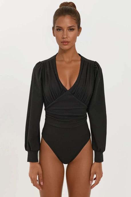 Slim Fit V-Hals Ballonmouwen Bodysuit - Image 1