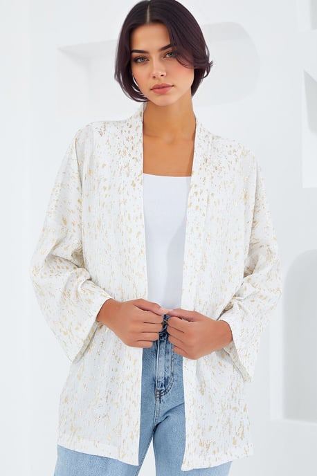 Geprinte Pompom Afwerking Sjaal Kraag Kimono - Image 2