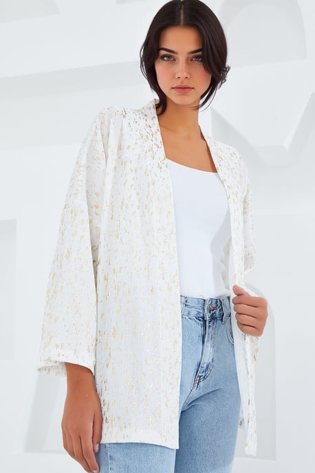 Geprinte Pompom Afwerking Sjaal Kraag Kimono - Image 3