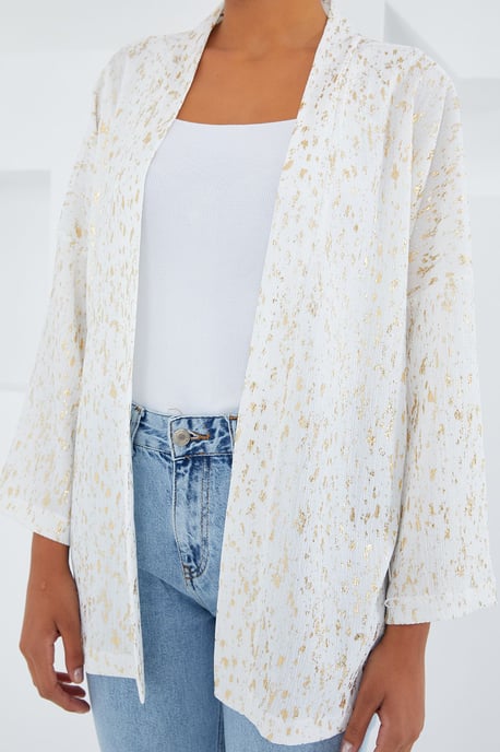 Geprinte Pompom Afwerking Sjaal Kraag Kimono - Image 4