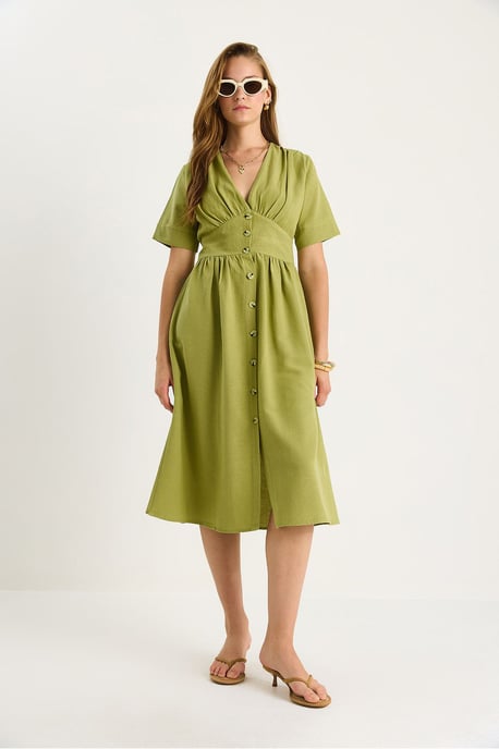 V-hals Knop Midi Shirt Jurk - Image 2