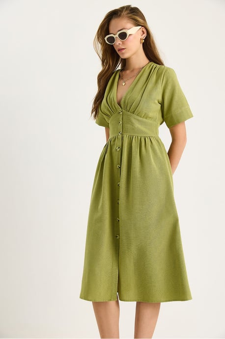 V-hals Knop Midi Shirt Jurk - Image 3
