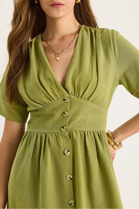 V-hals Knop Midi Shirt Jurk - Image 5