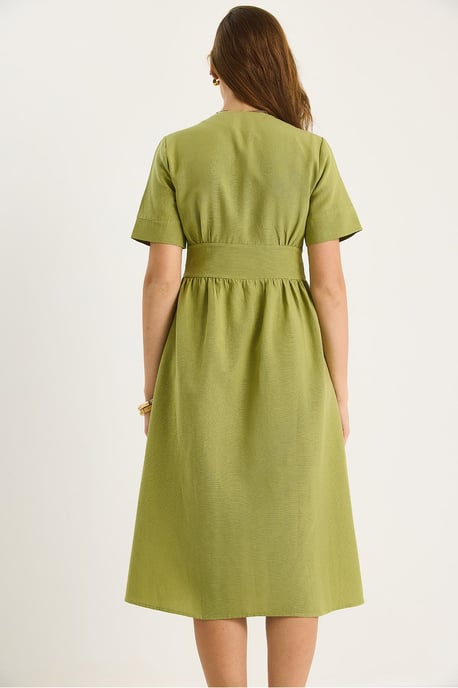 V-hals Knop Midi Shirt Jurk - Image 6