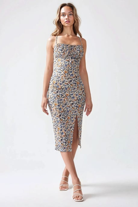 Allover Bloemendruk Bodycon Midi Jurk met Split - Image 2