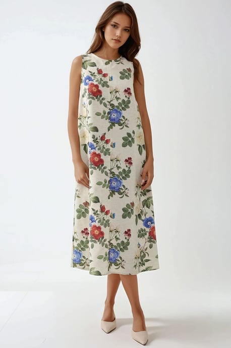 Linnen Voel Mouwloze Crew Neck Midi Jurk - Image 1