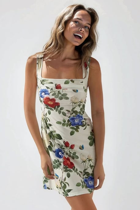 Bedrukte Bodycon Mini-jurk met Vierkante Kraag - Image 6