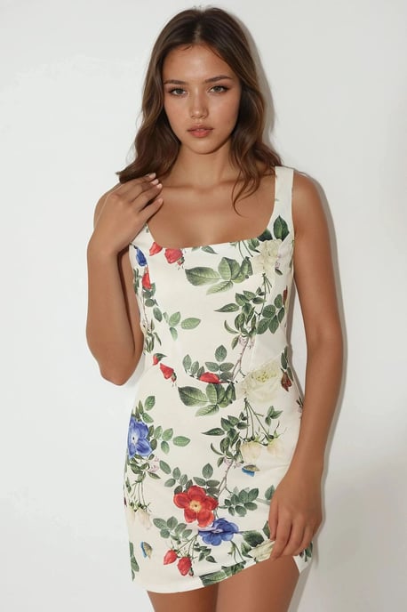 Bodycon Mini-jurk met Vierkante Kraag en Bloemenprint - Image 1