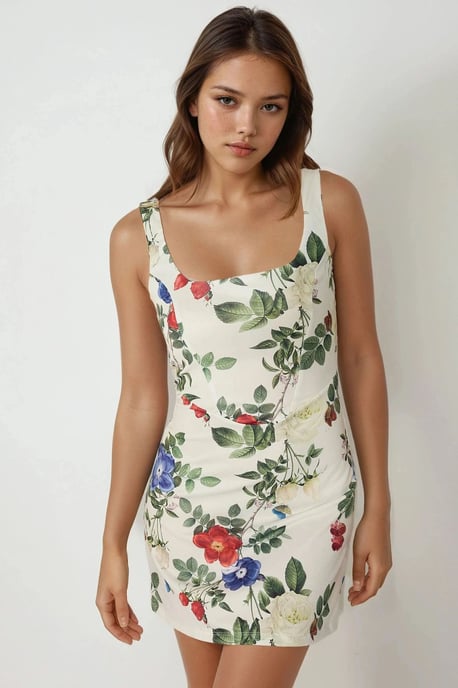 Bodycon Mini-jurk met Vierkante Kraag en Bloemenprint - Image 2