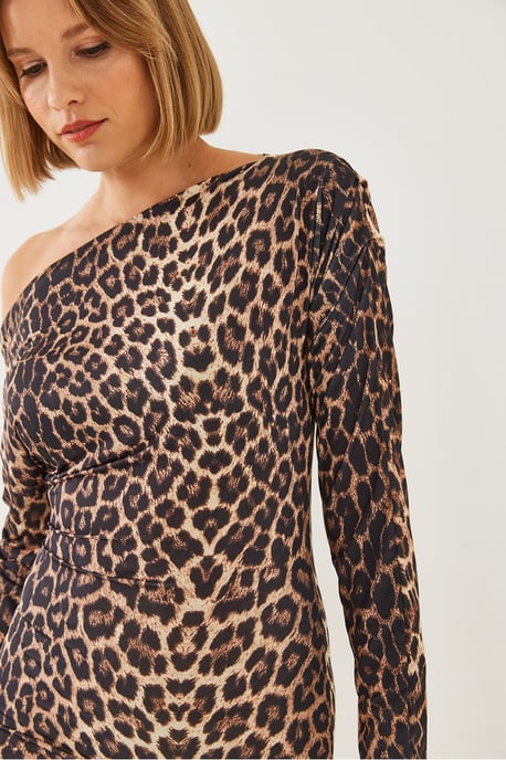 Asymmetrische Kraag Luipaardprint Mini Jurk - Image 6