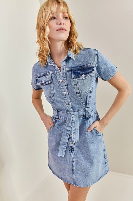 Mini Denim Jurk met Overhemdkraag en Tailleband - Image 1