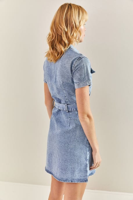 Mini Denim Jurk met Overhemdkraag en Tailleband - Image 2