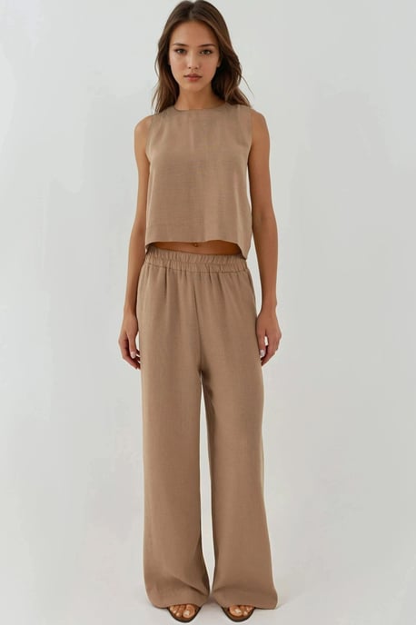 Linnenlook Blouse & Elastische Taille Broek Twee-delige Coördinatie Set - Image 1