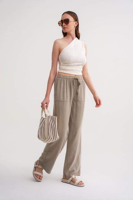 Mid Waist Rechtafstaand Katoenen Broek met Striksluiting - Image 2