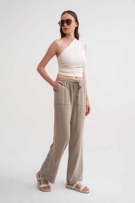 Mid Waist Rechtafstaand Katoenen Broek met Striksluiting - Image 3
