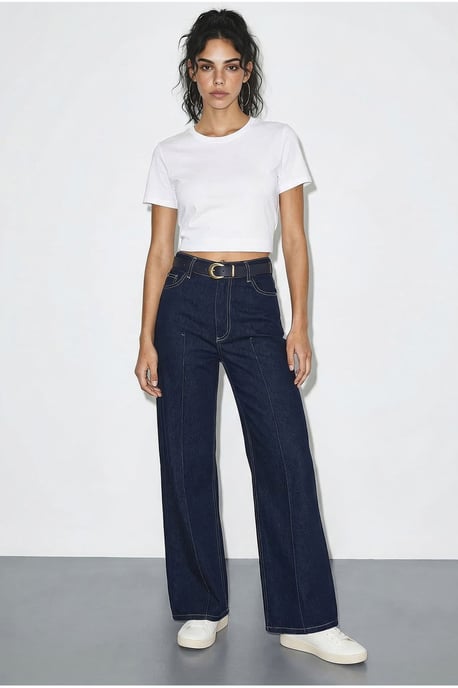 Hoge Taille Wijde Denim Broek met Riem - Image 4