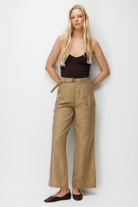 Hoge Taille Geweven Wijde Pijpen Broek met Ceintuur - Image 1