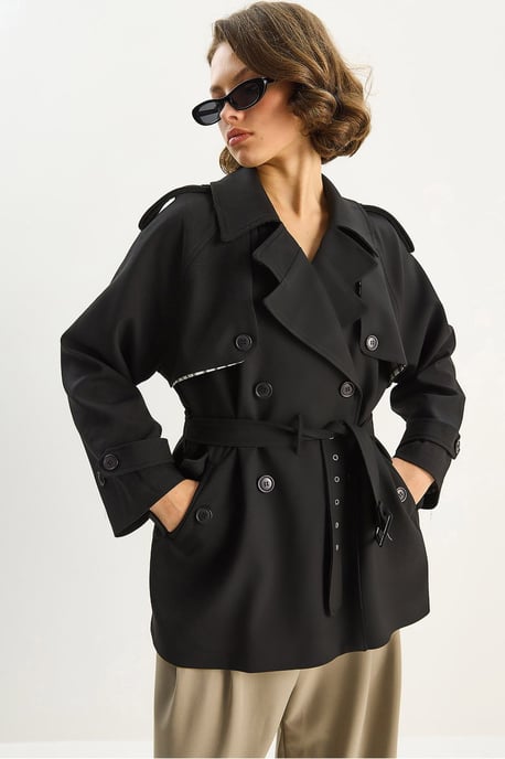 Katoenen Mix Midi Trenchcoat met Knopsluiting - Image 1