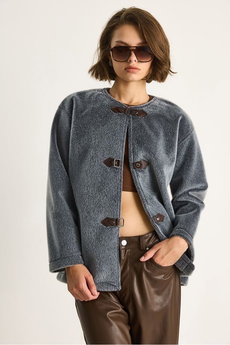 Textuur Gabardine Lange Jas met Kraagknopen - Image 3