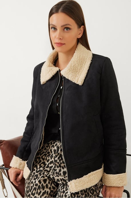 Faux Suède Zip-Up Jas met Sherpa Rand - Image 1