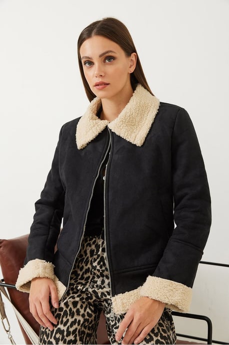 Faux Suède Zip-Up Jas met Sherpa Rand - Image 2