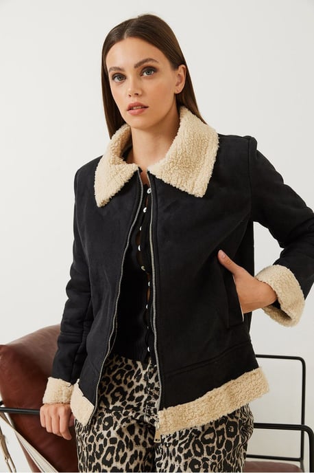 Faux Suède Zip-Up Jas met Sherpa Rand - Image 3